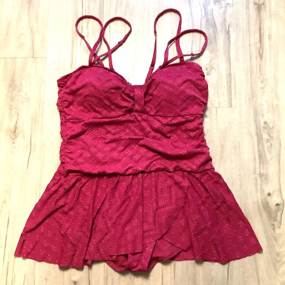 Sundance Catalog Swimsuit XL Seas The Day One Piece Magenta Swim Skirt Bra Top